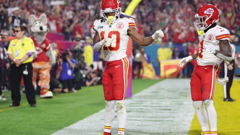 Isiah Pacheco celebra su touchdown en el Super Bowl LVII.