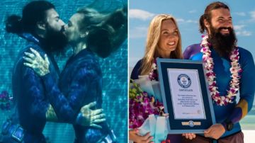 Beth Neale de Sudáfrica y Miles Cloutier de Canadá rompieron el récord mundial del beso más largo bajo el agua.
