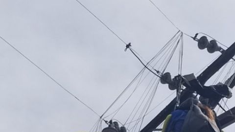 La mujer paracaidista quedó atrapada en las líneas eléctricas.