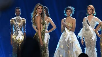 Miss Puerto Rico Madison Anderson (front) stands on stage during the 2019 Miss Universe pageant at the Tyler Perry Studios in Atlanta, Georgia on December 8, 2019. (Photo by VALERIE MACON / AFP) (Photo by VALERIE MACON/AFP via Getty Images)