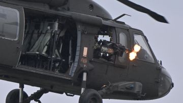Tropas estadounidenses realizan una demostración desde un helicóptero Black Hawk.