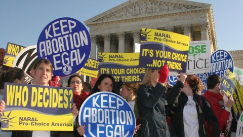 Pro-choice demonstrators wave signs in f