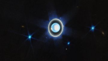 Imagen de Urano, sus anillos y algunas de sus lunas.