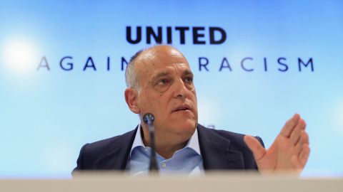 El presidente de LaLiga, Javier Tebas,  en la rueda de prensa que ofreció para mostrar su postura ante los hechos de racismo contra Vinícius Jr.