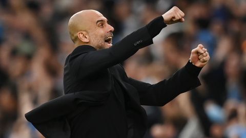 Pep Guardiola celebrando el triunfo del Manchester City.