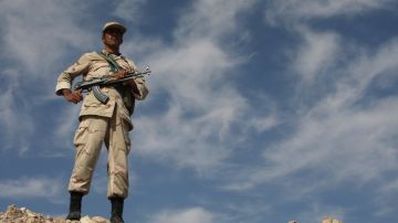An Iranian soldier stands guard on a mou