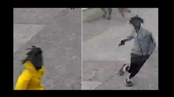 En las imágenes se muestra a un sujeto con una sudadera con capucha amarilla y otro con una sudadera gris ambos con pistolas en las manos.