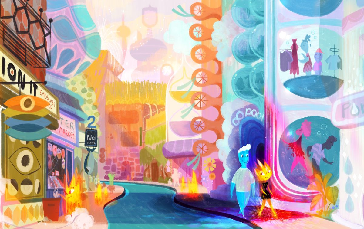 Wade y Ember caminando en Element City en un boceto para la película. / Foto: Pixar