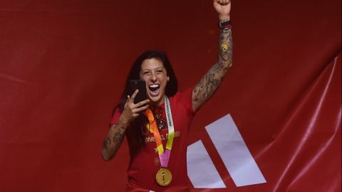 Jennifer Hermoso durante la celebración de la Copa del Mundo en Madrid.