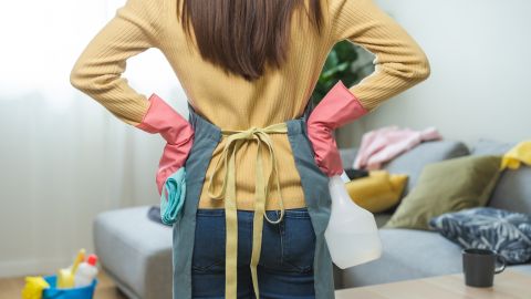 Tired,Household,Clean,Up,,Frustrated,Housekeeper,Asian,Young,Woman,,Girl