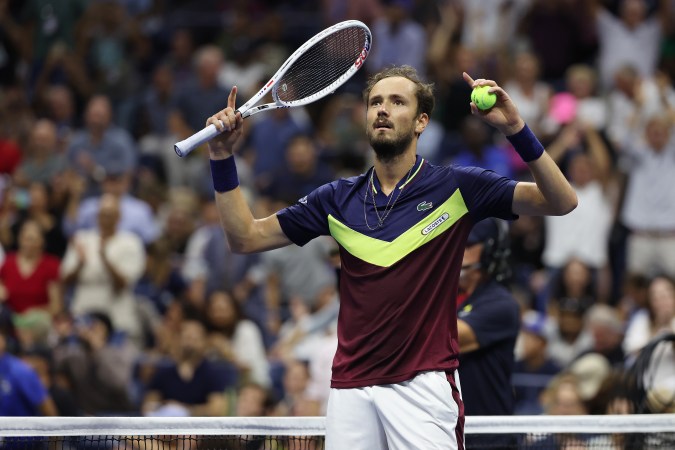 NEW YORK, NEW YORK - SEPTEMBER 08: Daniil Medvedev of Russia celebrates after defeating Carlos Alcaraz of Spain during their Men's Singles Semifinal match on Day Twelve of the 2023 US Open at the USTA Billie Jean King National Tennis Center on September 08, 2023 in the Flushing neighborhood of the Queens borough of New York City. (Photo by Al Bello/Getty Images)