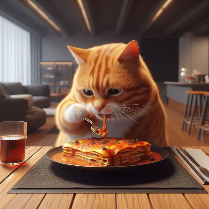 Garfield comiendo lasaña. (Imagen creada con Bing DALL-E3/Impremedia)