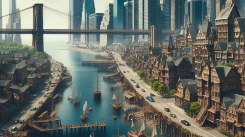 Ilustración de Manhattan en la época medieval generada con IA. Ilustración Bing DALL-E 3