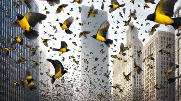 Ilustración de cientos de aves volando a un edificio de Chicago.