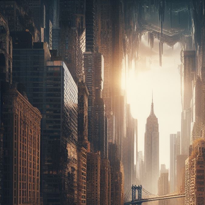 Esta imagen creada con IA muestra un Manhattan después de un evento catastrófico. (Imagen creada con Bing por Impremedia)