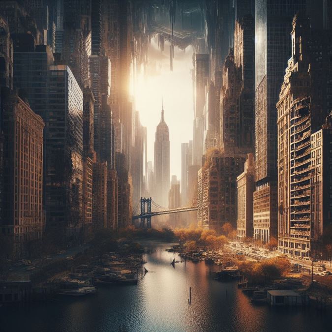 Esta imagen creada con IA muestra un Manhattan después de un evento catastrófico. (Imagen creada con Bing por Impremedia)