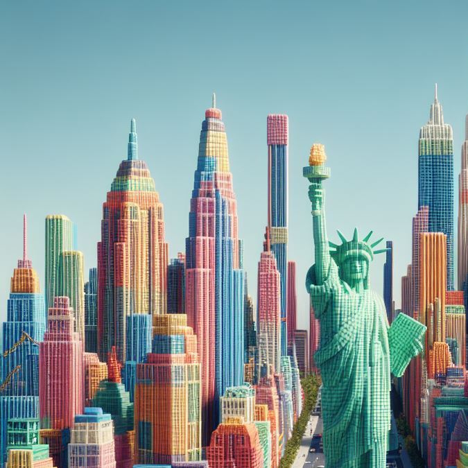 En esta imagen, parecen los edificios realizados con impresoras 3D, pero en realidad son inflables, según la IA. (Imagen creada con Dall-e3 vía Microsoft/ Impremedia)