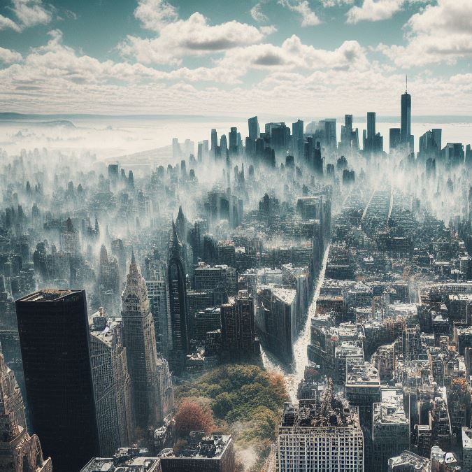 Imagen de la Gran Manzana en destrucción. (Imagen creada con Bing por Impremedia)