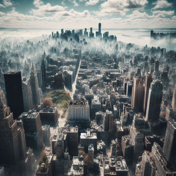 Imagen de la Gran Manzana en destrucción. (Imagen creada con Bing por Impremedia)