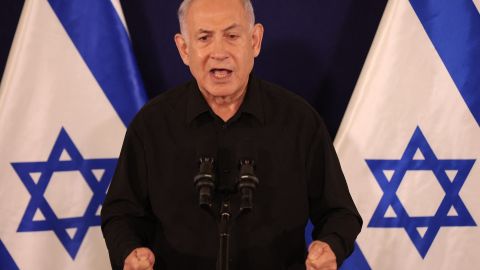 Israeli Prime Minister Benjamin Netanyahu speaks during a press conference in the Kirya military base in Tel Aviv on October 28, 2023 amid ongoing battles between Israel and the Palestinian group Hamas. Netanyahu said on October 28 that fighting inside the Gaza Strip would be "long and difficult", as Israeli ground forces operate in the Palestinian territory for more than 24 hours. (Photo by Abir SULTAN / POOL / AFP) (Photo by ABIR SULTAN/POOL/AFP via Getty Images)