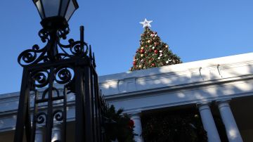 Un árbol de Navidad se encuentra en el techo del Pórtico Este de la Casa Blanca durante una vista previa de los medios de las decoraciones navideñas de 2023