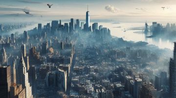 NYC en un mundo post-apocalíptico, según la IA. Imagen creada con Bing Microsoft