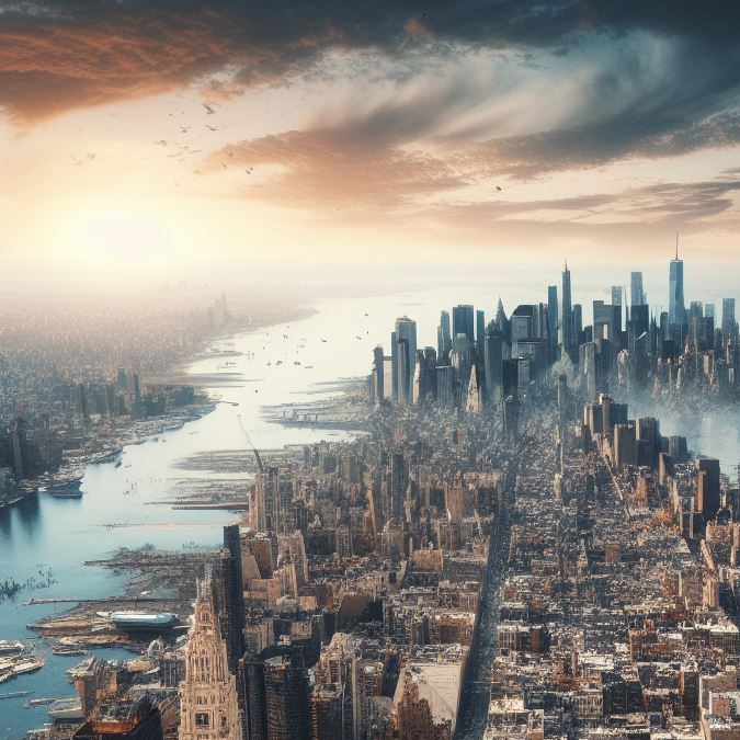 Escalofriante imagen de un Manhattan en ruinas. (Imagen creada con Bing por Impremedia)