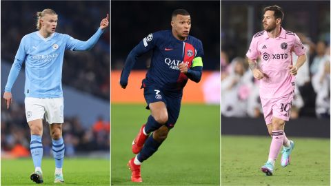 Erling Haaland, Kylian Mbappé y Lionel Messi.