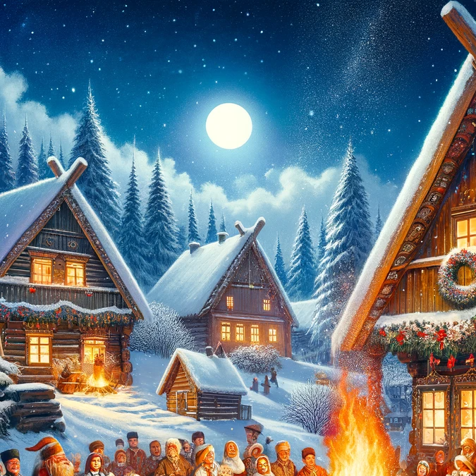 Imagen que representan una celebración tradicional de Yule en un pueblo nórdico, capturando el ambiente festivo con los aldeanos reunidos alrededor de una hoguera, decoraciones tradicionales y un cielo nocturno despejado y estrellado. (Imagen creada por Impremedia con Dall-e IA)