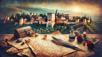 Esta imagen representa de fondo a la Alhambra en Granada, España, y una carta de amor.