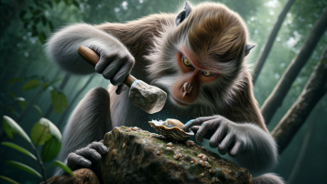Ilustración de un macaco tailandés abriendo una ostra con una "herramienta de piedra".