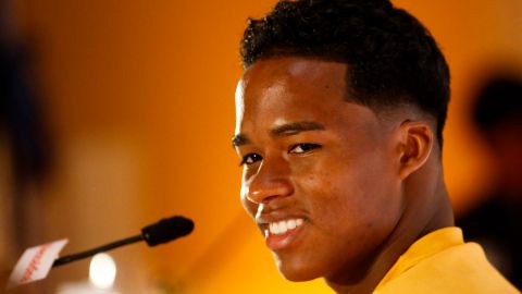 Endrick durante una conferencia de prensa en Sao Paulo, Brasil.