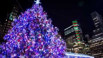 The,Bryant,Park,Christmas,Tree,With,Buildings,In,The,Background