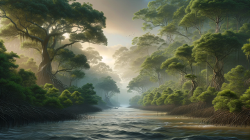 Ilustración de un bosque de manglares en la isla de Barro Colorado en el Canal de Panamá.