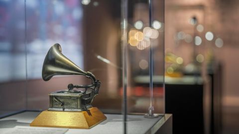 Premio del Grammy posando en una caja.