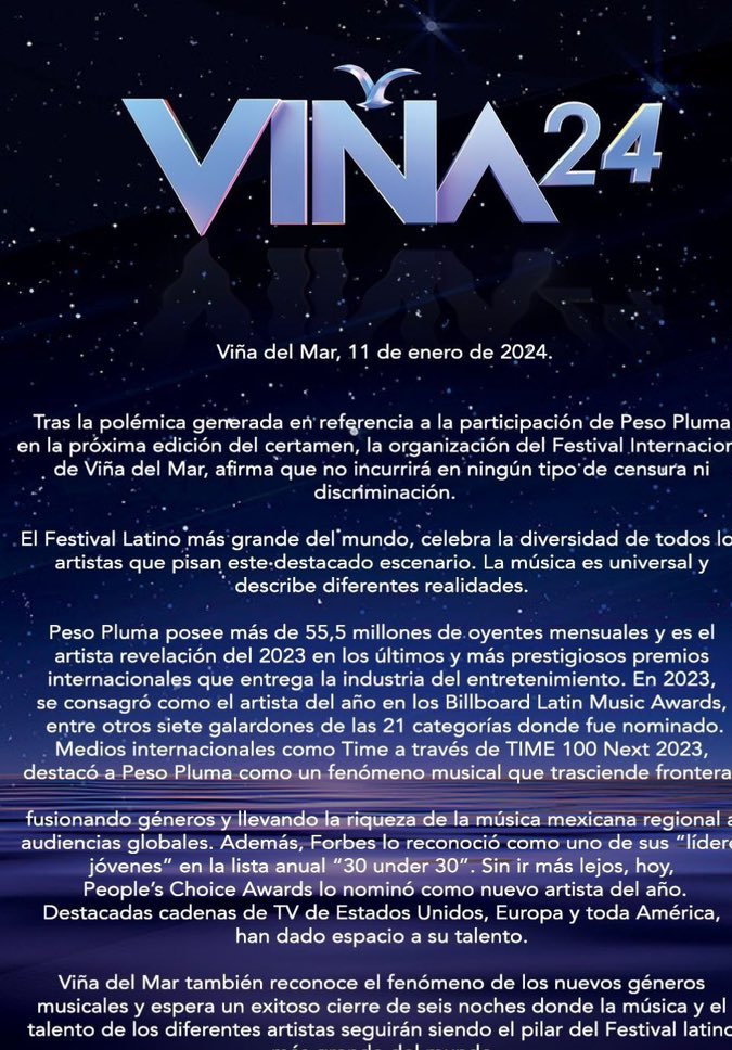 Comunicado de Festival de Viña del Mar.