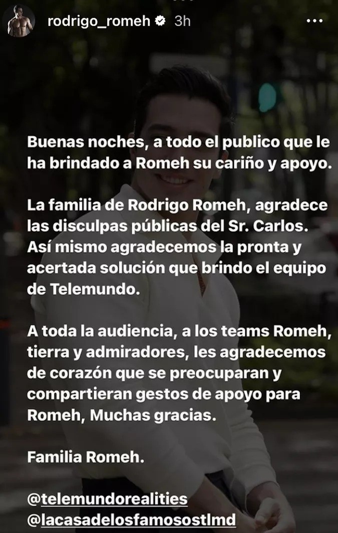 A través de Instagram, Carlos Gómez recibió una respuesta de los familiares de Rodrigo Romeh. / Foto: Instagram @rodrigo_romeh.