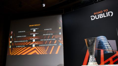 Vista del sorteo de la UEFA Europa League celebrado en Nyon, Suiza.