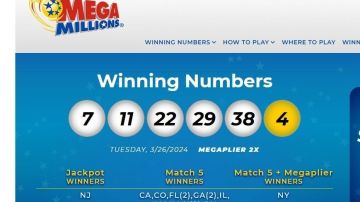 Números ganadores en el sorteo histórico de lotería Mega Millions del 26 de marzo de 2024.