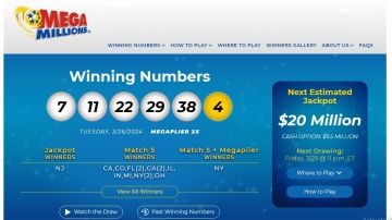Números ganadores en el sorteo histórico de lotería Mega Millions del 26 de marzo de 2024.