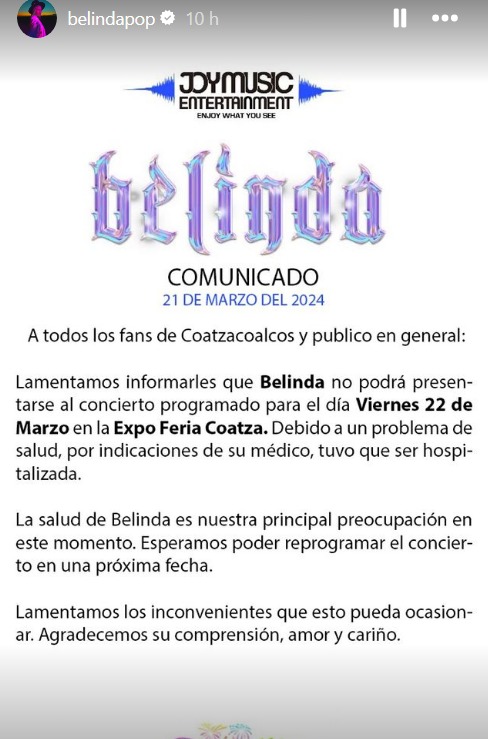 La imagen del comunicado fue compartida por Belinda en su cuenta oficial de Instagram. / Foto Cortesía de @belindapop.