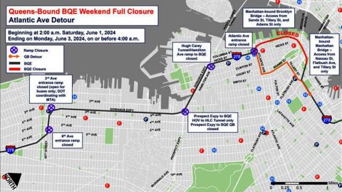Mapa de cierre Brooklyn-Queens Expressway este fin de semana.