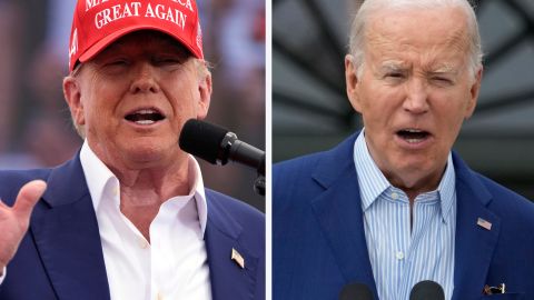 Republican presidential candidate, former President Donald Trump, left, speaks at a campaign rally in Las Vegas, June 9, 2024, and President Joe Biden speaks at White House in Washington, June 4, 2024. Biden won the Democratic caucuses in Guam and the Virgin Islands on Saturday, June 8, the final two contests of a 2024 primary calendar that has set the stage for a historic general election rematch against Trump. Biden and Trump have largely pivoted to the general election, despite the persistent protest votes they faced in later contests. (AP Photo)