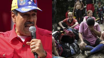 Imagen que muestra al gobernante Nicolás Maduro (izq) y a migrantes venezolanos que cruzan la selva del Darién