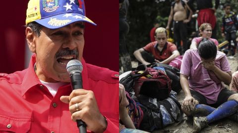 Imagen que muestra al gobernante Nicolás Maduro (izq) y a migrantes venezolanos que cruzan la selva del Darién