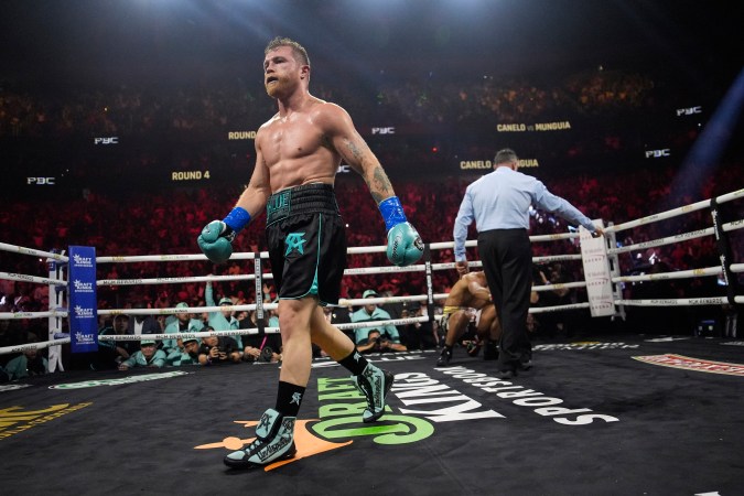 Canelo Álvarez tras mandar a la lona a Jaime Munguía durante el combate entre ambos.