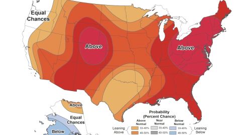 Previsión de temperatura mensual emitida el 20 de junio por el NWS que prevé temperaturas más cálidas que el promedio en Nueva York para julio.