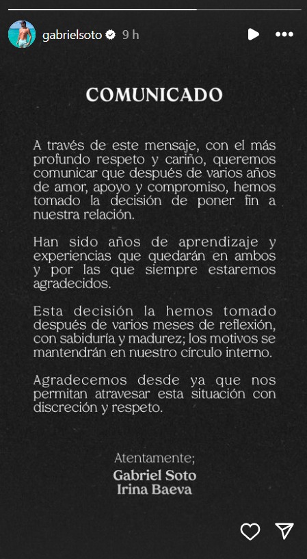 Gabriel Soto y su expareja emitieron un comunicado para aclarar que tomaron caminos separados. | Foto: Instagram: @gabrielsoto.