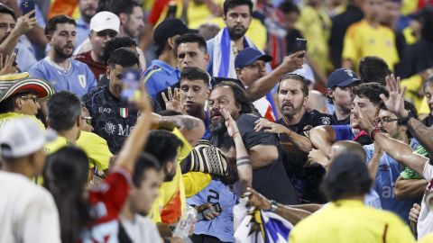 Fanáticos peleando con futbolistas uruguayos en la Copa América 2024. Foto: EFE/EPA/BRIAN WESTERHOLT.