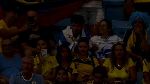 Hinchas colombianos en el partido entre Uruguay y Colombia.